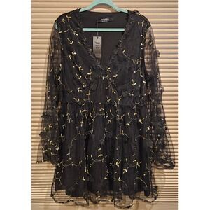 Disturbia Chrysanthi Applique Mini Dress Black Mesh Floral Goth AW24M14 US 14